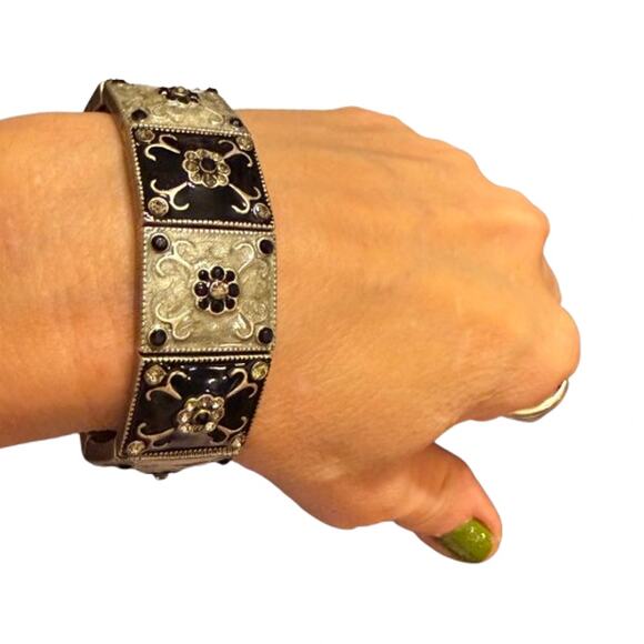 Vintage Art Deco Style Enamel Rhinestone Panel Bracelet - Picture 3 of 8